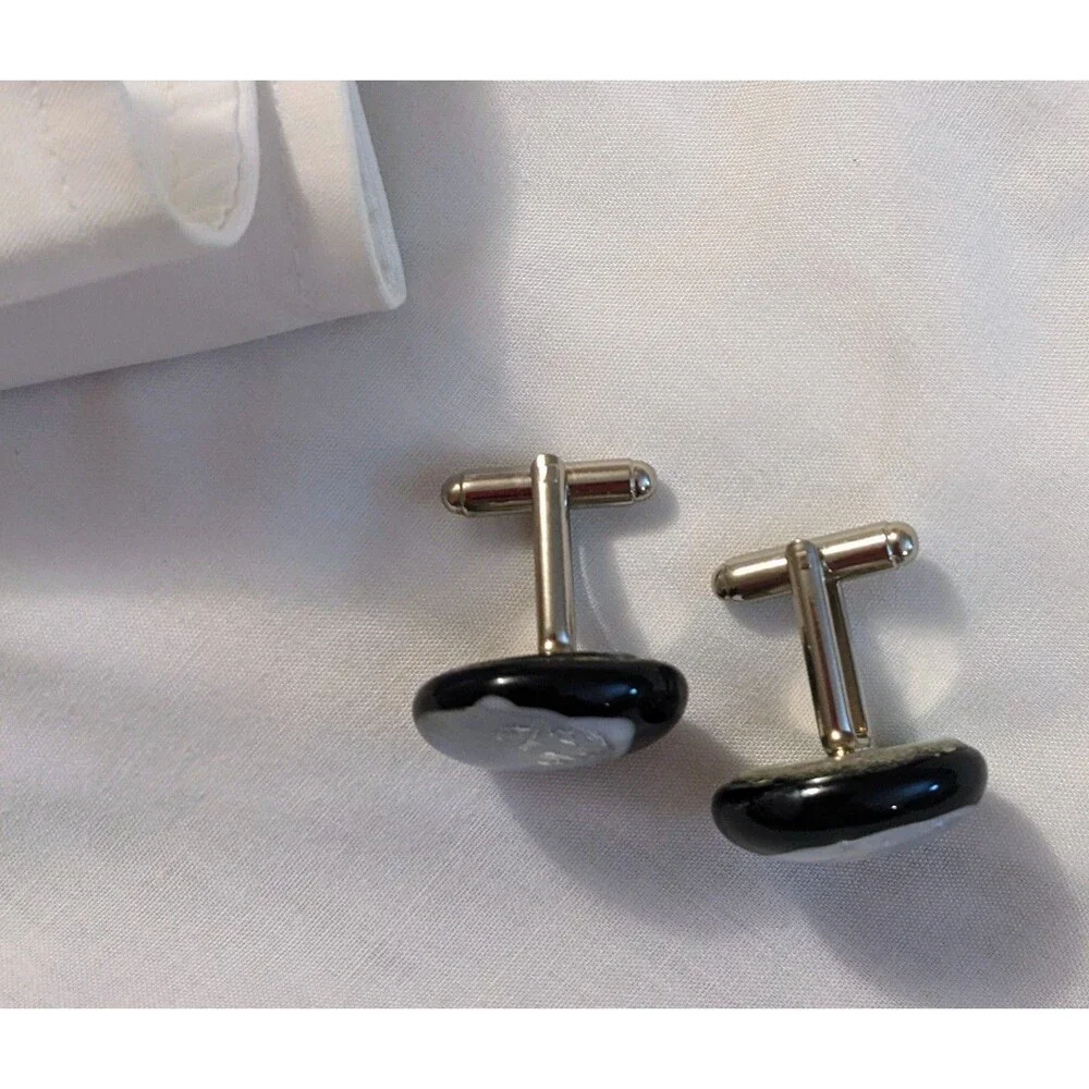 Fused Glass Men's Cufflinks Black & White Unique Pearly Opalescent Design
